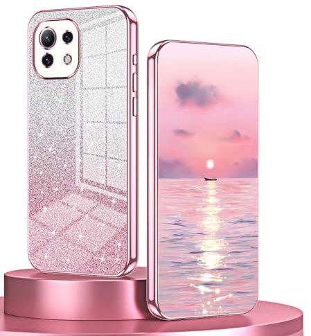 BORYA Hülle für Xiaomi 11 Lite 5G NE/Xiaomi Mi 11 Lite, Ultra Dünn Stoßfest Premium Weiches TPU Silikon Handyhülle, Elegant Galvanisierter Schutzhülle mit Luxus Gradient Glitzer Karte, Rosa
