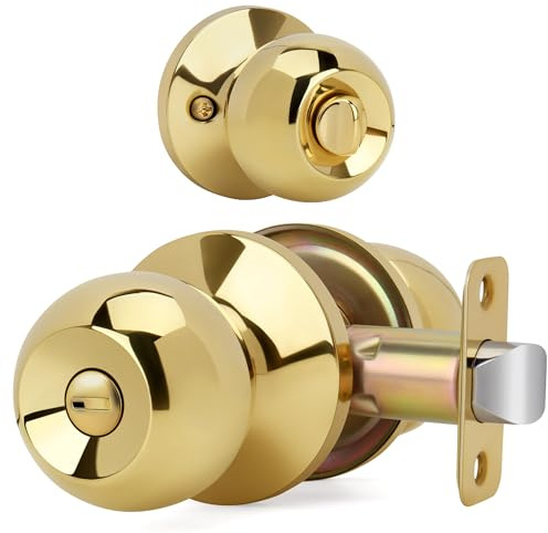 LOQRON Ball Design Door Knob with Lock, Privacy Round Shaped Keyless Doorknob for Bathroom/Bedroom, Polished Brass Finish
