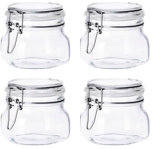 Acan Tradineur - Pack de 4 tarros de Vidrio herméticos Primizie, Incluyen Junta de Goma, Bote, Frasco Multiusos para almacenar conservas, legumbres, Pasta, Galletas - 9,5 x 10,3 cm - 500 ml