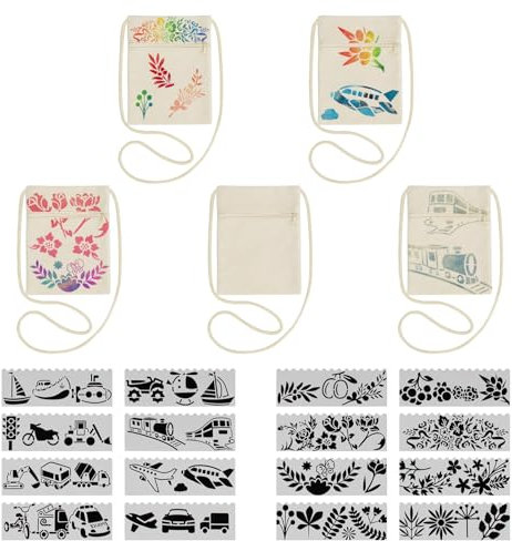 SacJkt Stoffbeutel zum Bemalen, Brustbeutel Kinder, 5 Stück Taschen zum Bemalen mit 16 DIY Malschablonen, Stoffbeutel Kinder für Schule,Party, Geschenk und Handwerkliche TäTigkeiten (17×13cm)