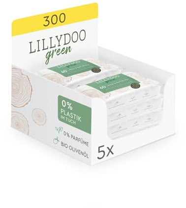 LILLYDOO green Natürliche Feuchttücher, 300 Stück (5 x 60), 100% plastikfreies Tuch, ohne Parfüme