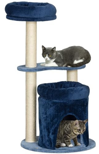 PawHut Arbre à Chat, Arbre à Grimper pour Chat, avec Lits, Niche, Plateforme, poteaux à griffer en sisal Naturel, Hauteur de 85 cm, Bleu foncé, crème