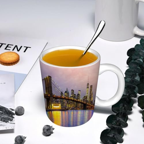 YOIUE Tasse aus Keramik - Große 11oz Tassen 330ml Kaffeetassen mit Henkel, 100% Handbemalt - Trinkgläser mit Griff - Weiß,Skyline von Manhattan bei Sonnenaufgang, New York City, USA.