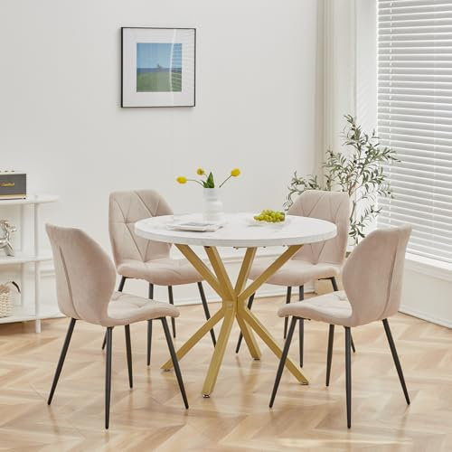 DEYARNA HOME Essgruppe 5-Teilig, 100cm Runder Esstisch und 4 Leinen-Esszimmerstühle, Esstisch und Stühle für 4 Personen, 4 Stühle & Tisch für Küche, Esszimmer und Wohnzimmer (Weiß/Gold+Khaki)
