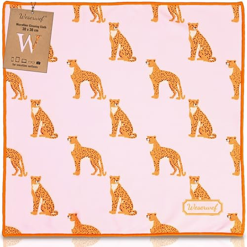 WESERWEF Design Microfiber Glasses Cleaning Cloth, Premium Cleaning Cloths for Lens, Screens, Tablets, Spectacles, 12 x 12, Ultra-Soft & Scratch-Free (Leo in Pink)