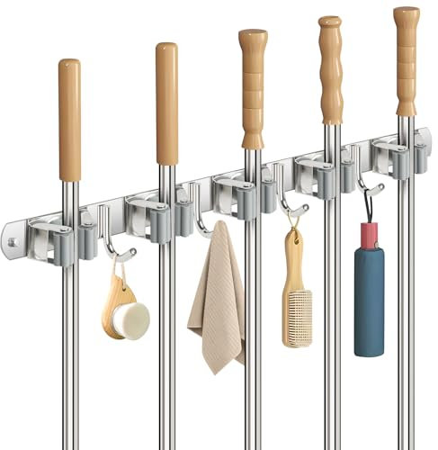 Sampoes Wall Mounted Broom Holder, Stainless Steel Broom Holder, Wall Mounted Broom Holder with 5 Places and 4 Hooks, Wall Mounted Broom Hanger for Kitchen, Bathroom, Garage, Grey