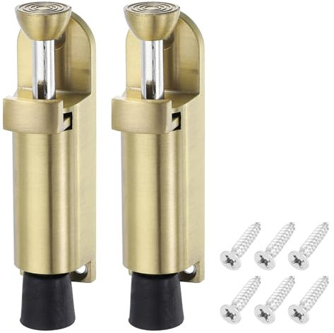 sourcing map 2 Pack Kickdown Door Stop, Spring Loaded Telescopic Door Stopper, Adjustable Door Locks Holder for Distance from The Ground 25mm/0.98, Gold