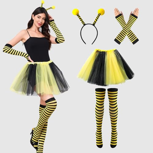TALWIOR Déguisement Abeille, 4 Pièces Carnaval Femme, Costume Adulte avec Bandeau et Tutu