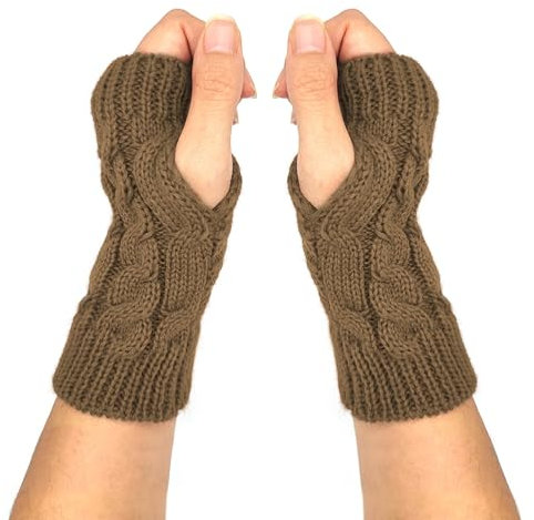 Qiuyan Fashion Warm Soft Comfortable Wrist Gloves Winter Fingerless Hand Warmers Women Girls Stylish Arm Gloves Mitten Knit Crochet Arm Warmers with Thumb Hole for Work Outdoor Gifts (Khaki)