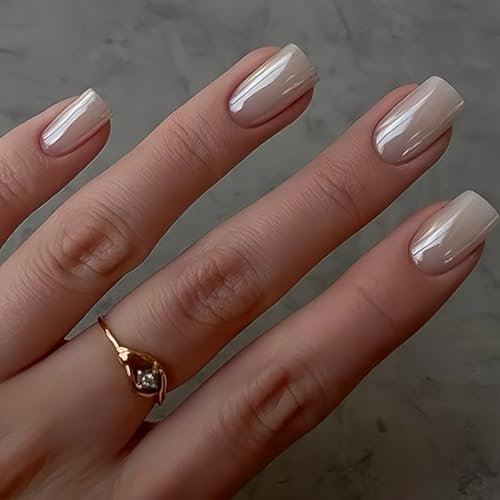 Chrome False Nails Short, SXVME Glazed Milky White Press On Nails Short Medium Square, Glitter Shine Fake Nails Glue on Nails Short Cute, Acrylic Stick on Nails for Women Daily & Party Wear