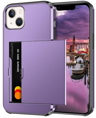 Coolden for iPhone 13 Case with Card Holder Wallet Cover Grey Purple | Armor Shockproof Heavy Duty Protective Cases, Hard PC Back Soft TPU Bumper Card Slot Wallet Cover for iPhone 13 Phone Case