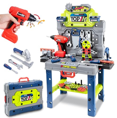 Kids Tool Kit，Kids Tool Bench STEM Engineering Playbench，32-inch Folding Workbench Set with 35+ Accessories, Electric Drill Toy & Tool Storage, Creative Construction Playset for Boys Girls Ages 3-5