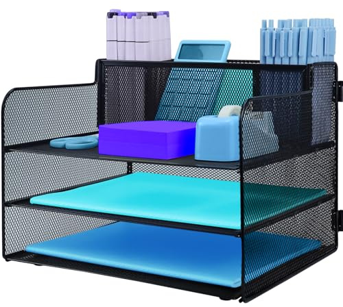 3 Tier Desk Organiser with Handle And Pencil Holder, Pull-out Mesh File Organizer for Desk Letter Tray Organizer Mesh Desk Organiser Tray Paper Storage Rack for A4 File Office Supplie, Black
