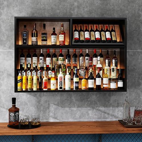 AKOGG Industrielles Weinregal Wand Mit LED-Beleuchtung,Flaschenregal,Weinflaschenhalter,Metallregal Für Weinflaschen,Glashalter Und Barbereich,Ideal Für Weinkeller Und Küche(100cm(39.4in))