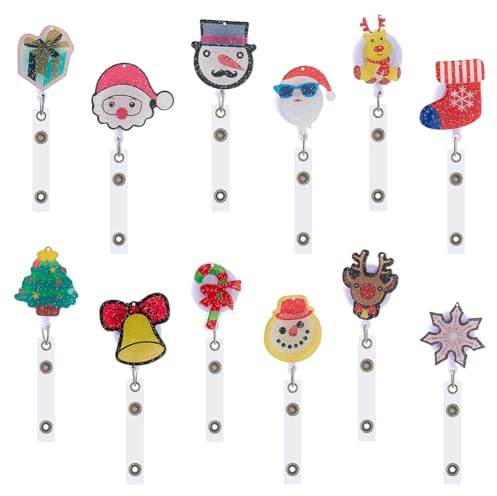 SUPERFINDINGS 12 Teile Weihnachts Krankenpflege Ausweis Clip Mit Rollmechanismus Weihnachtsbaum Schneemann Schneeflocken Ausweishalter Für Büro Arzt Lehrer Schüler Namensschilder