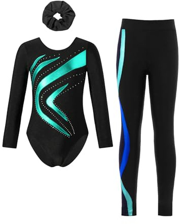 Sinleey 3 Teiliges Gymnastikset Langarm Gymnastikanzug Turnanzug mit Hose Leggings und Haarband Sportanzug Tanz Eiskunstlauf