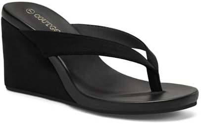 Coutgo Womens Wedge Heels Sandals Platform Flip Flops Slides Slip On Summer Beach Shoes, Black, Size 9
