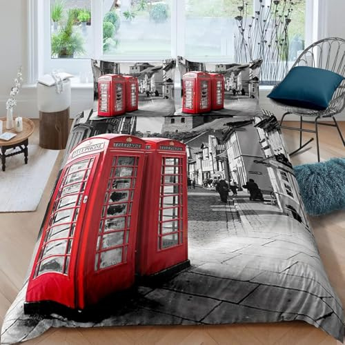 Bettwäsche 155x220 London Bettbezug 3D Druck Rote Telefonzelle Bettbezüge Kuschelig Weich Mikrofaser Deckenbezug 155x220 cm mit Reißverschluss + 2 Kissenbezüge 80x80 cm C-2391