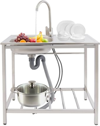 Fregadero independiente de cocina para exteriores, 75 x 40 x 75 cm, de acero inoxidable 201, con encimera y grifo, lavabo independiente de agua fría y caliente con armario bajo para jardín, camping