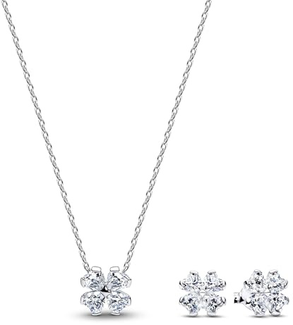 PANDORA Geschenkset für Damen Kette und Ohrstecker Funkelnder Glücksklee | Schmuck-Bundle für Frauen Kleeblatt, Halskette und Ohrringe Sterlingsilber mit Zirkonia, Damenschmuck-Set Silber mit Zirkonia