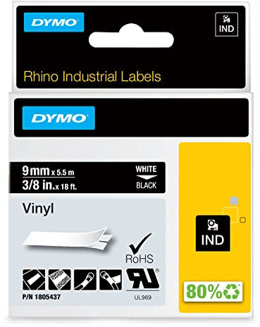 DYMO Rhino Industrial Vinyl Labels | 9 mm x 5.5 m | White Print on Black | Self-Adhesive | for LabelManager & Rhino Label Makers