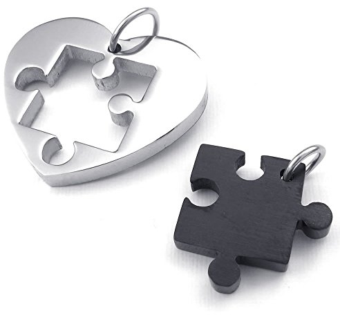 KONOV Schmuck 2 Anhänger Freundschaft Halskette Liebe für Damen und Herren – 2 Kette (45 cm und 55 cm) – Herz Puzzle – Edelstahl Fantaisie Verliebte – Farbe Schwarz Silber