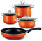 Riess 0519-034 NOUVELLE CORALL - Juego de ollas para carne con tapa de cristal (4 piezas, 16 y 20 cm), 1 cacerola con tapa de cristal (20 cm) y 1 sartén esmaltada de 28 cm)