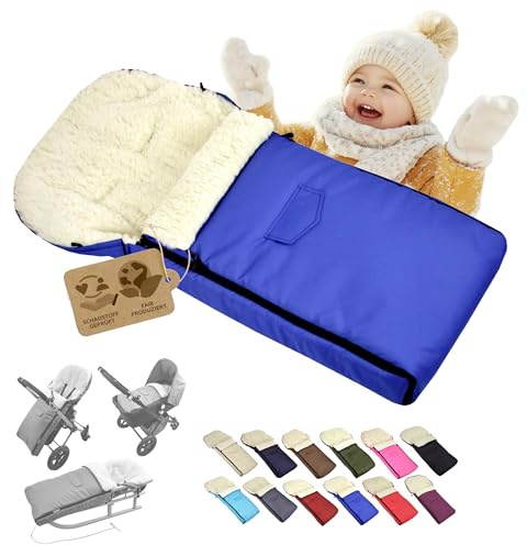 Babys-Dreams BAMBINIWELT universaler Winterfußsack 108 cm – aus Lammwolle, warm & weich – passend für Kinderwagen, Buggy & Schlitten – wasserabweisend & waschbar, Farbe: Blau