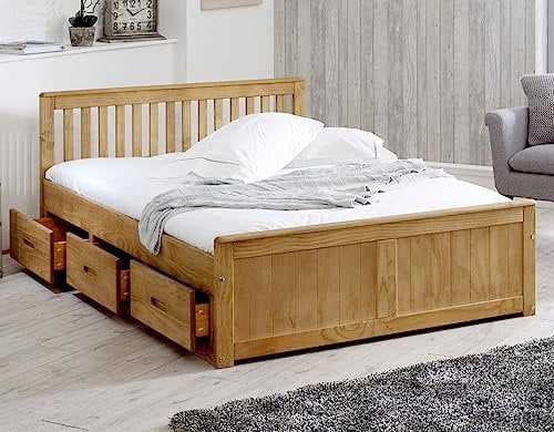 Happy Beds Mission Wooden Solid Waxed Pine Storage Bed Drawers Furniture Frame 4' Small Double 120 x 190 cm