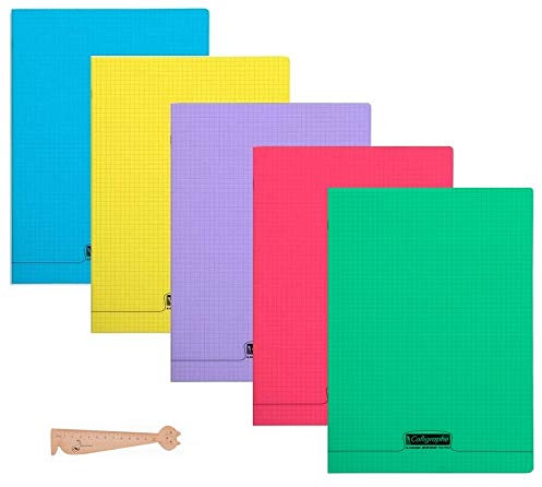 Lot de 5 Cahiers 24 x 32 cm 48 Pages Couverture Polypro Petits Carreaux Avec 1 Règle Marque-Page en Bois Blumie