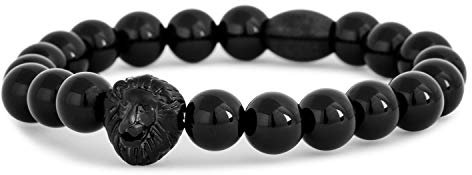 Akitsune Regis Perlen-Armband - Armschmuck Damen Herren Onyx Löwe - Mattschwarz Schwarz - 20cm