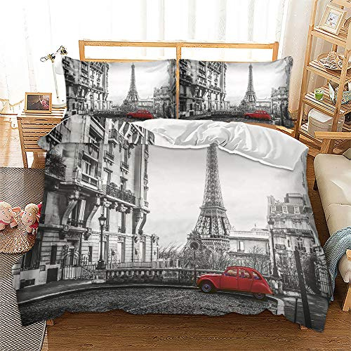 FANSU Bettwäsche Set 3 teilig, 3D Modern Stadt Wahrzeichen Bedrucktes Atmungsaktiv Microfaser Bettwäsche Set Kopfkissenbezug Bettbezug mit Reißverschluss Schließung (200x200cm,Paris)