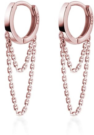 Reffeer Solide 925 Sterling Silber Quaste Kette Tropfen Baumeln Kleine Creolen Huggie für Frauen Teenager (B-Rose Gold)