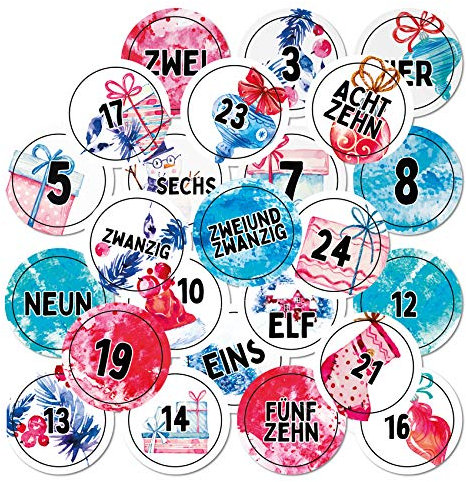 Yabaduu DIY Adventskalender Zahlen zum Aufkleben Nummern 1-24 Selbstklebende Sticker für Weihnachten Weihnachtskalender Selber Basteln Y048 (02 Aquarell rot blau rund)