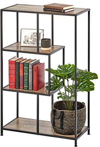 mDesign Bücherregal mit 4 Ebenen – kleines Bücherregal aus Metall und Holz – modernes Holzregal im Industriestil, ideal für Bücher, Dekoration und mehr – Schwarz/Grau