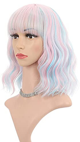 FAELBATY Mix Pink Short Wave Bob Perücken mit Pony Curly Wave Synthetische Cosplay Perücke für Mädchen Schulterlange Perücke für Damen Kostüm Perücken Bonbonfarben (12 Mixed Blue Pink)