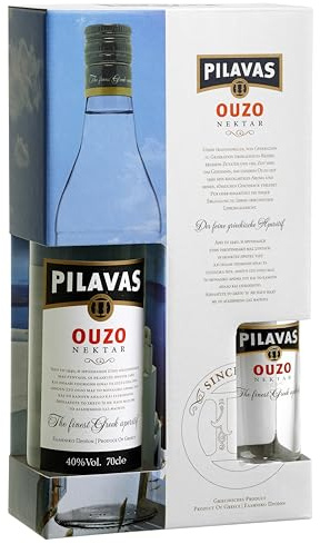 Ouzo Pilavas Nektar Geschenkbox 0,7l + 1 Glas | 40% Vol. + Ouzo Longdrink Glas (180ml) | Pilavas Geschenkverpackung