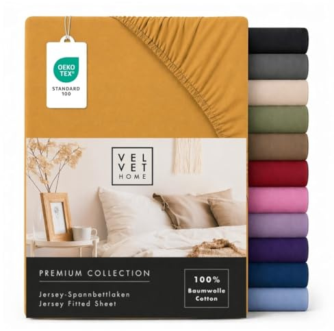 VelvetHome Spannbettlaken 140x200cm Jersey 100% Baumwolle, Senf Farbe | Spannbetttuch 140x200 für Matratzen & Topper bis 25 cm, gekämmte Baumwolle, OEKO-TEX, weich, atmungsaktiv, bügelfrei