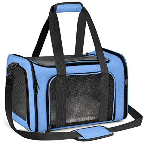 Qlfyuu Transporttasche für Katze Hund, Faltbare Tragbar Katzentransportbox Hundetransportbox für Mittel Kleine Haustiere Katzen Hunde, Katze Tragebox Tragetasche bis 25lbs(Blau, Groß)