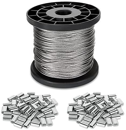 ShanQian 1/16 Wire Rope, 1.5mm Stainless Steel Cable, 100m/328Ft Metal Spool With 100PCS Aluminum Crimping Sleeves - Heavy Duty Picture Frame Hanging - 7x7 Strand Core