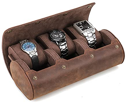 Hiram Ellipse Uhrenrolle aus echtem Leder, Reiseetui für 3 Uhren, für geschätzte Uhren und Armbänder