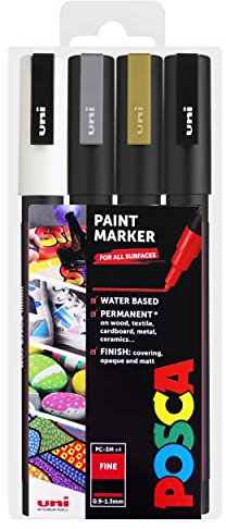 Posca PC-3M Paint Marker Art Pens - 0.9-1.3mm – Black, White, Gold, Silver - Set of 4 Pens in Wallet