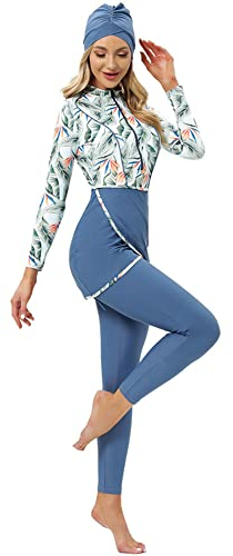 Odizli Burkini Damen Muslim Frauen Muslimische Bademode Modest Islamisch Arabisch Jilbab Langarm Schwimmoberteile Built in Bra+Schwimmhose+Hijab Kopftuch Khimar 3tlg Full Cover Schwimmanzug Blau L