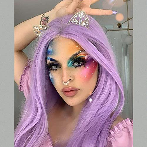 AFBeauty Parrucca da donna con capelli sintetici lunghi e lisci con attaccatura centrale viola con attaccatura dei capelli naturale lavanda chiara 61 cm parrucca in pizzo legata a mano senza colla