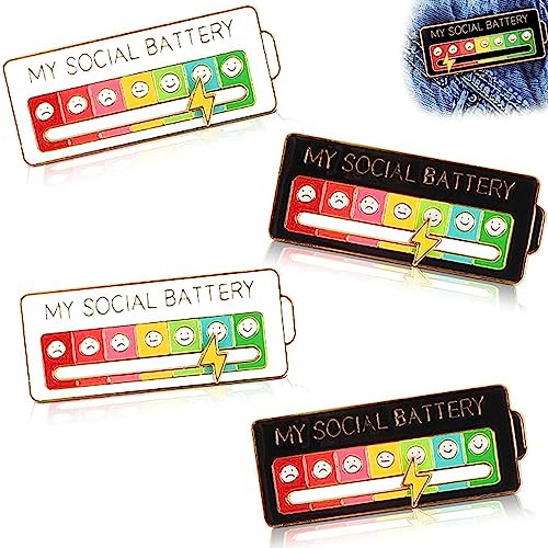 Exsbtay 4 Stück Social Battery Pin, Lustige Brosche für Soziale, social battery, brosche für soziale stimmung,für Schmuck Dekoration Anstecknadel