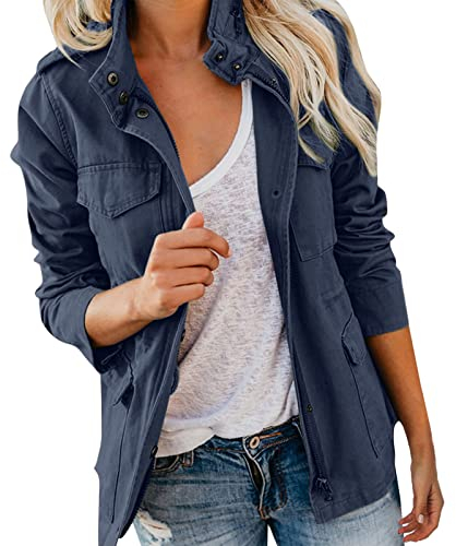 Sommerjacke Damen Leicht Blouson Sommer Leichte Herbstjacke Langarm Trenchcoat Damenjacke Übergangsjacke Stehkragen Trickjacke Mehr Boyfriend Jacket mit Taschen Reißverschluss (02-Dark Blue, XXL)