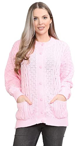 LUXFAB Women’s Cable Knit Crew Neck Cardigan – Ladies Knitted Aran Style Sweater with Front Pockets & Button Up Long Sleeve Classic Winter Knitwear UK Baby Pink