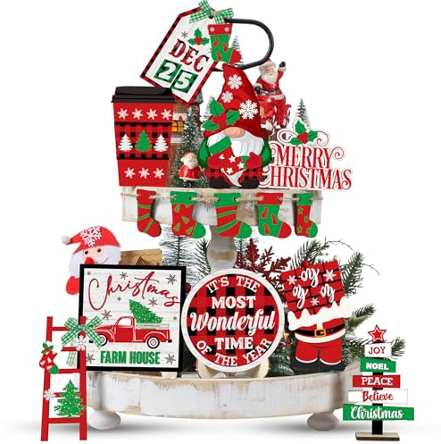 Tradder 14 Pcs Christmas Tiered Tray Decor Gnome Christmas Stocking Wooden Signs Red and Black Buffalo Plaid Christmas Table Decorations Centerpieces for Farmhouse Home Party Decor