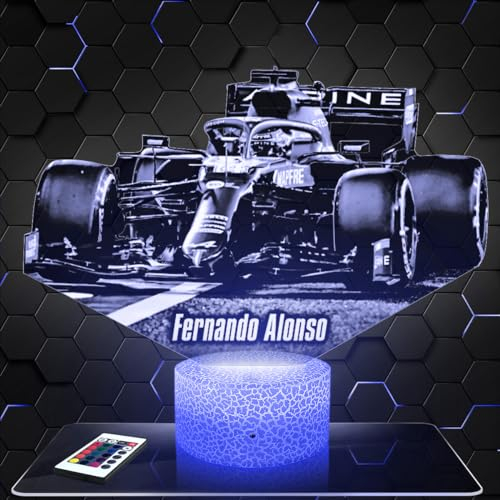 Lámpara de mesilla de noche, luz nocturna táctil fórmula 1 F. Alonso F1 lámpara LED ilusión 3D, idea de regalo para niños y niñas, Navidad, lámpara de mesilla de noche para niños o adultos TOP
