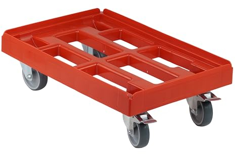 Transportroller für Kisten 60 x 40 cm mit 2 Bockrollen und 2 Bremsen in rot